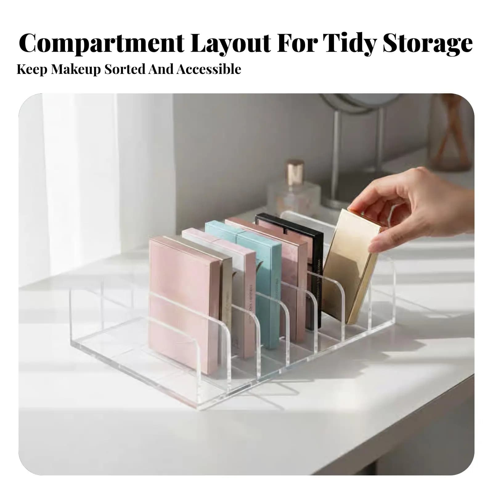 Plastic box for shade palettes, transparent organizer with drawer compartments, blush display and cosmetics