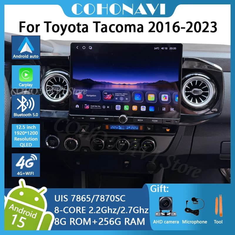 12.5-inch Car Multimedia Player For Toyota Tacoma 2016-2023, Android 15, 8-Core, 8GB+256GB, Stereo Receiver, Radio, 4G, Carplay