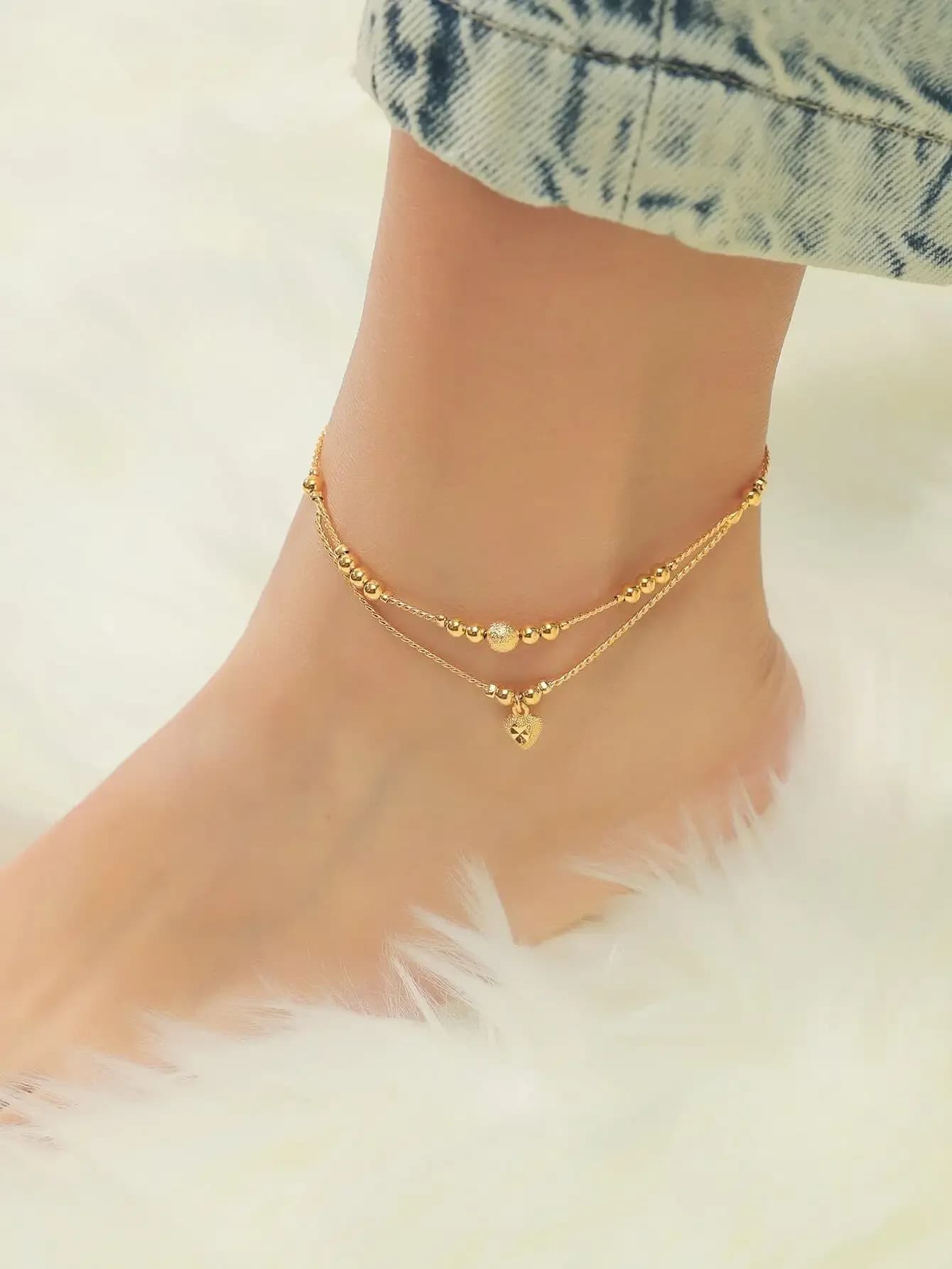 Cavigliera elegante a forma di cuore con doppia perline placcata in oro 24 carati, adatta per l'uso quotidiano da donna e come regalo per le vacanzemvv