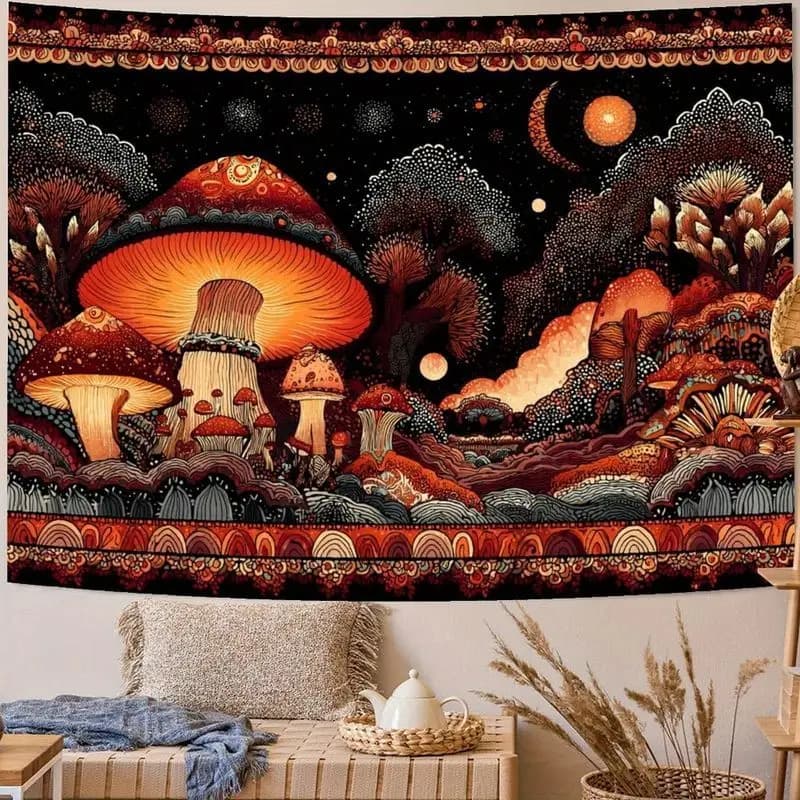 VIKAMA Retro Mushroom Mountain Tapestry Polyester Wall Hanging Living Room Bedroom Yoga Meditation Psychedelic Boho Home Decor