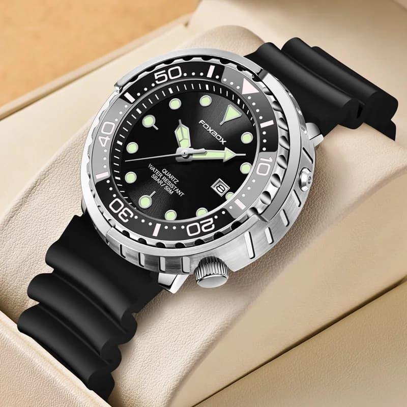 FOXBOX Men's Watch Sporty Quartz Watch Waterproof 5ATM Luminous Watch with Steel Bezel Men's Watch Men's Watch + Watch Box