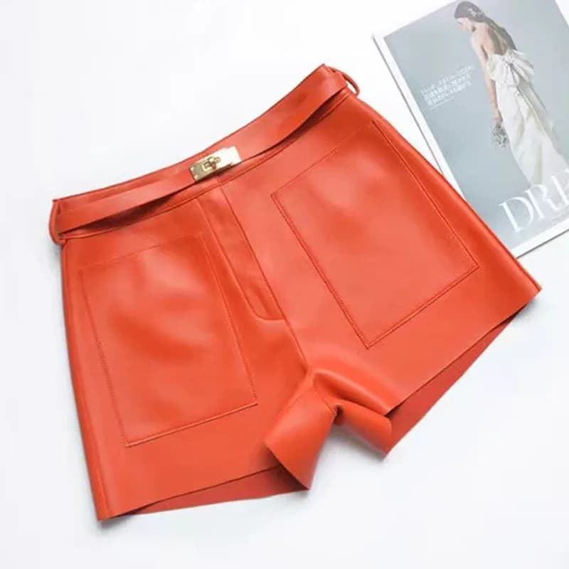 Genuine Leather Sheepskin Leather Shorts Women New Arrival 2025 Casual Versatile White Belt Botton Short Mujer Pant Short Pants