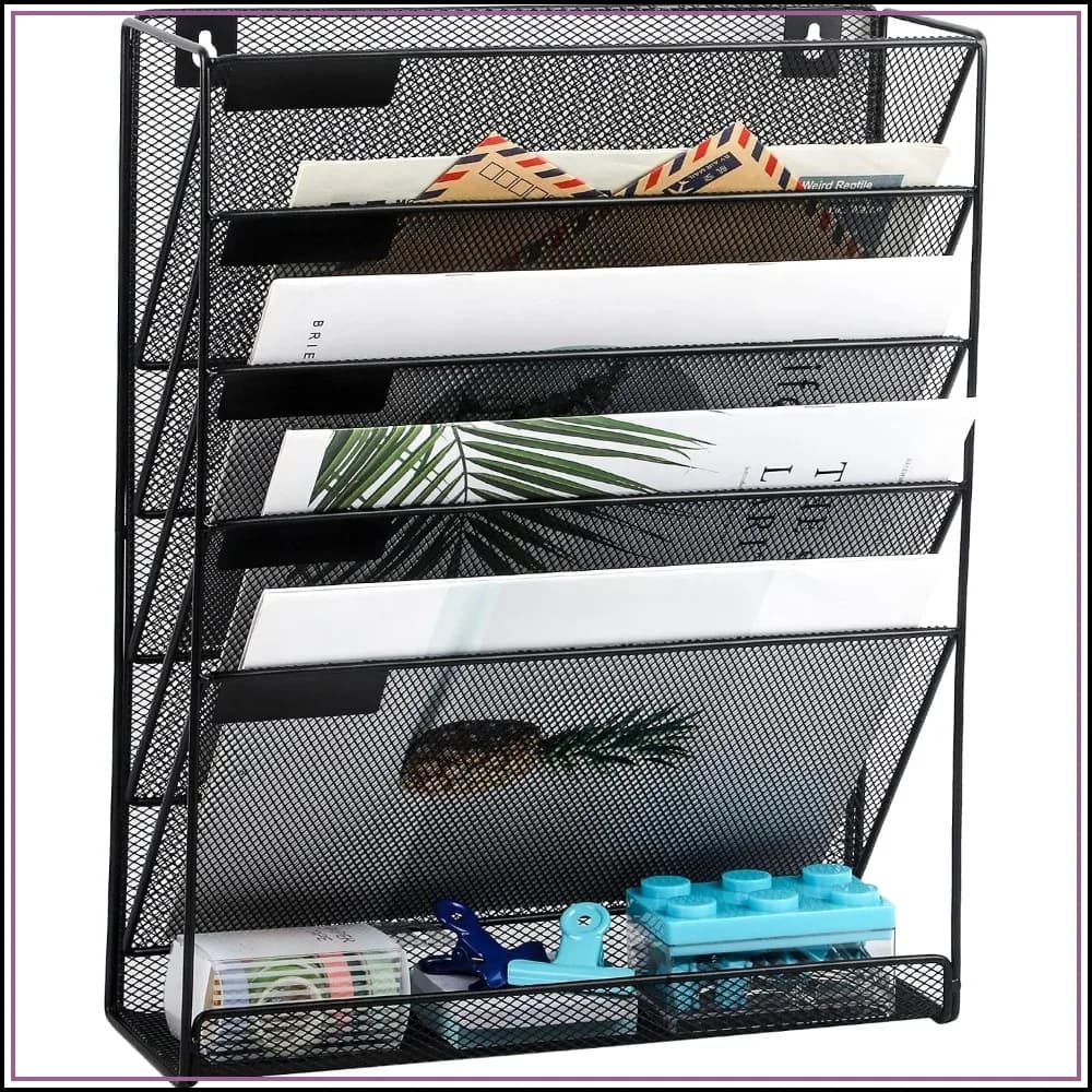 Desk File Organizer Mesh 6-Tier, Hanging Wall Mount Document Stand, Vertical Mail Folder Holder with Bottom Tray for Office Home Cubicle