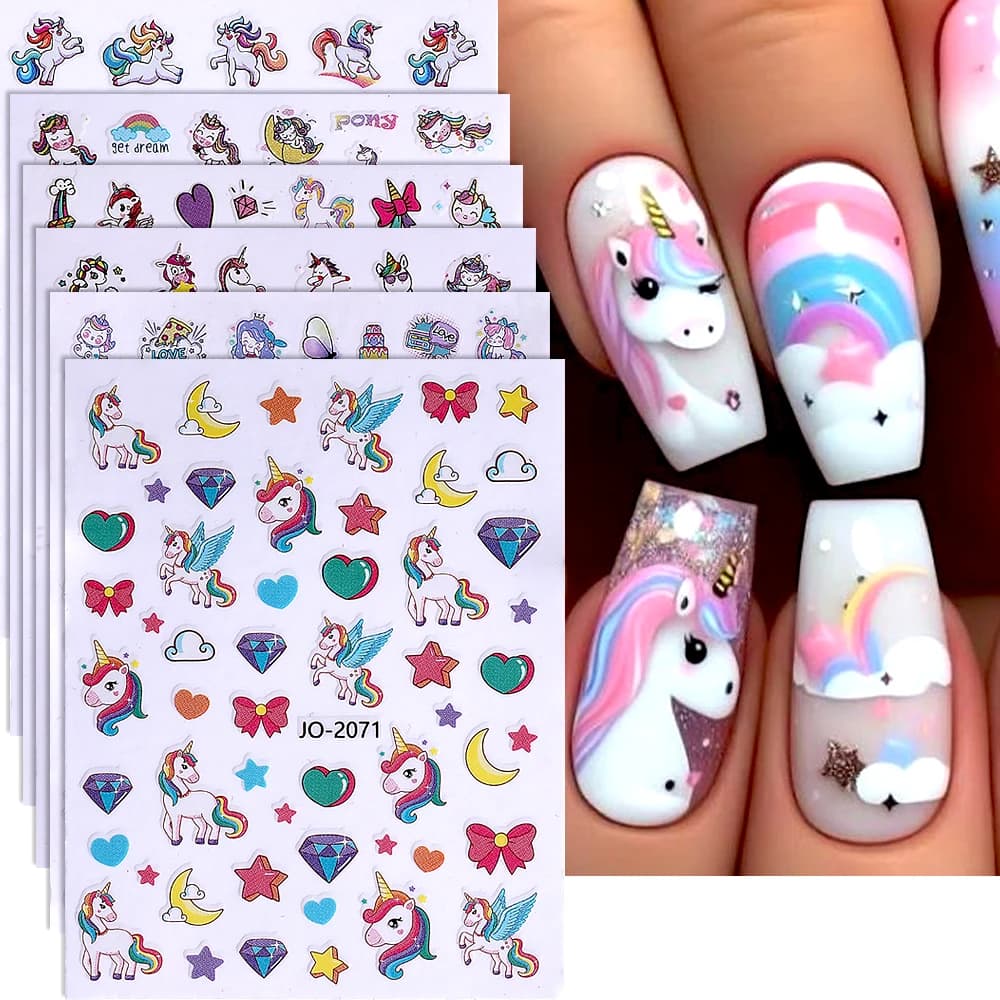 6 pezzi simpatici adesivi per unghie unicorno 3D Kawaii Star Love Heart Arcobaleno Fiocco Nuvole Decalcomanie autoadesive per nail art Decorazione manicure