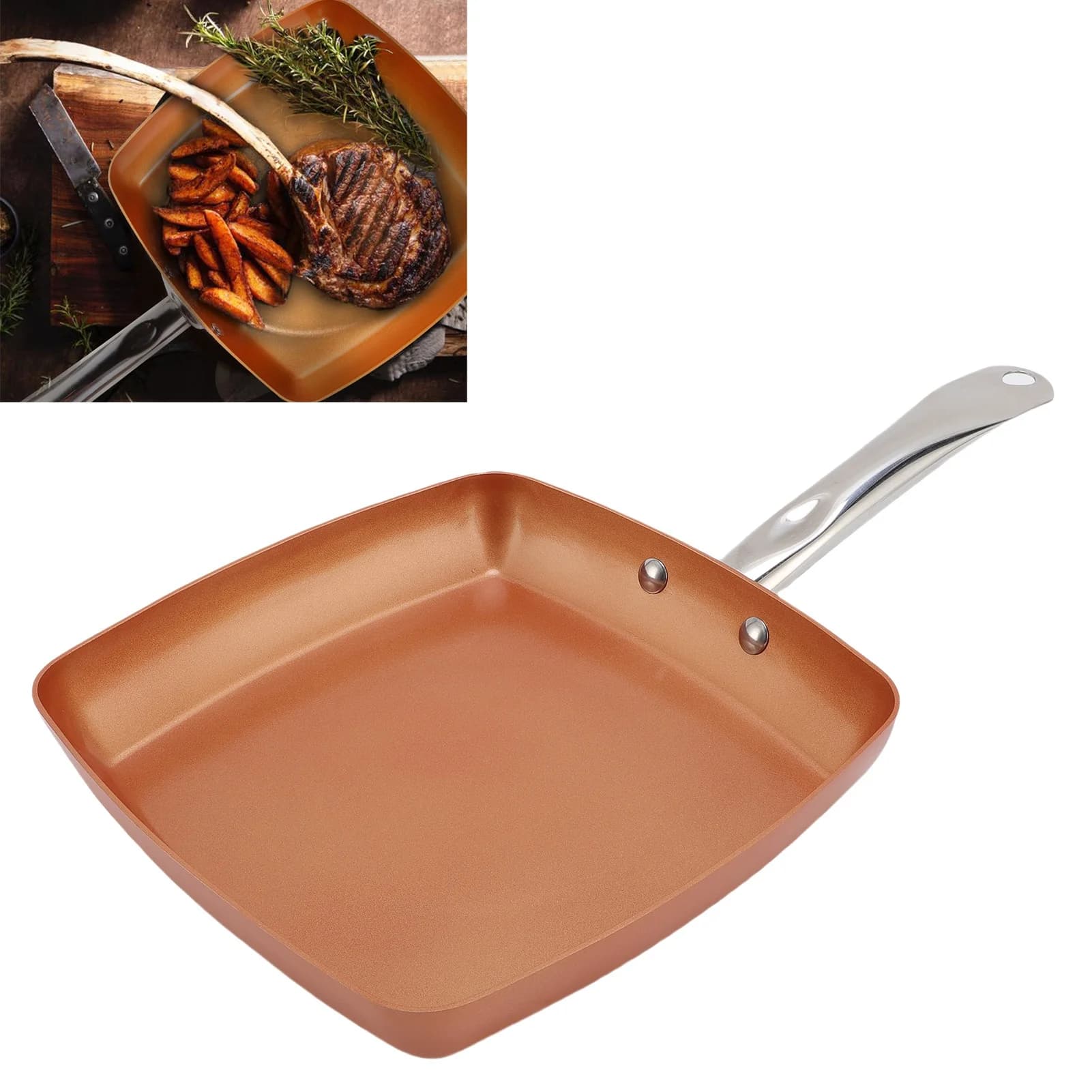 Steak Frying Pan Copper Color Aluminum Alloy Anti Stick Frying Pan Compound Bottom Easy To Clean for All Stoves