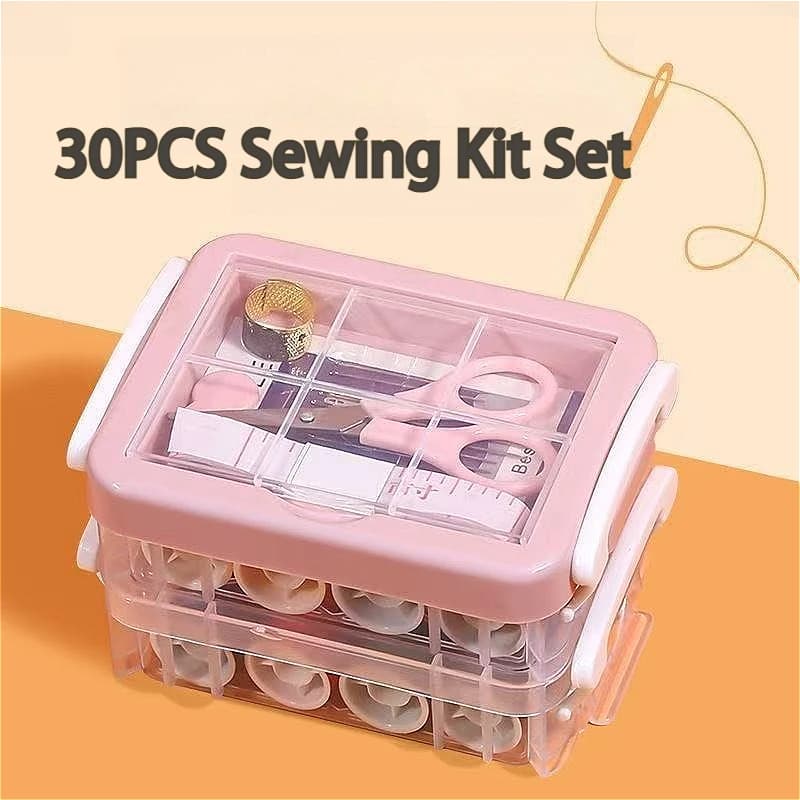 30PCS Sewing Kit Box, Portable Hand Sewing Supplies Thread Needle Set, 3 Layers Storage Box for Home Travel