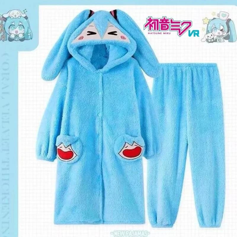 Hatsune Miku Anime Pigiama da donna Carino Inverno Velluto corallo Con cappuccio Addensare Pigiama Set Cartoon Casa Inverno Caldo Veste Abbigliamento