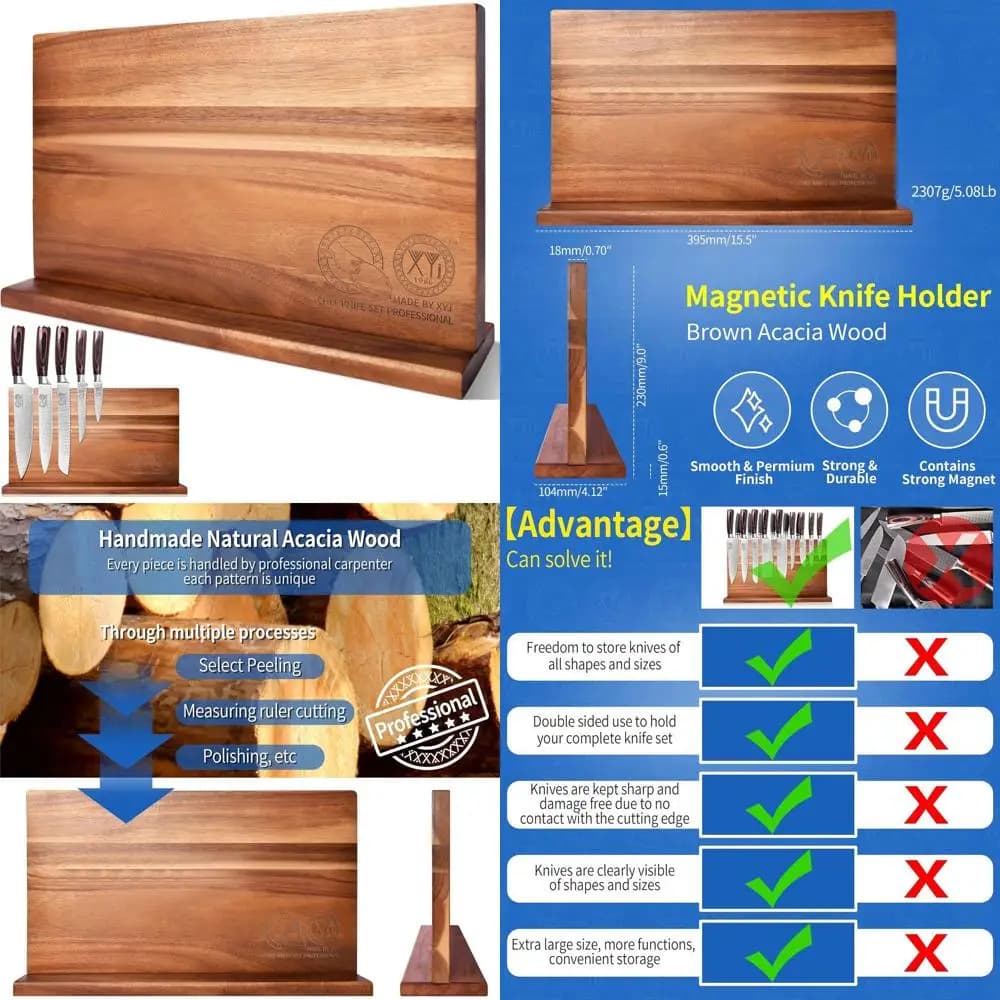 Extra large magnetic support for acacia wood set with magnetic strip in sponge, kitchen knife holders Organi