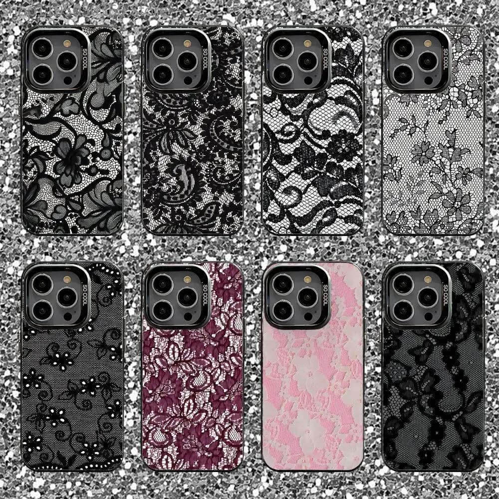Custodia per telefono con motivo stampa in pizzo per iPhone 16,15,14,13,12,11,Pro,XS,Max,Plus,Mini,SE Cover antiurto opaca nera color caramello