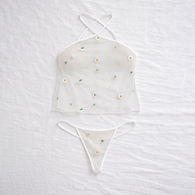 Sexy Underwear Panties Set For Women Transparent Mesh Lingerie Sleepwear Halter Apron Top G-strings Thongs Two-Piece Suit
