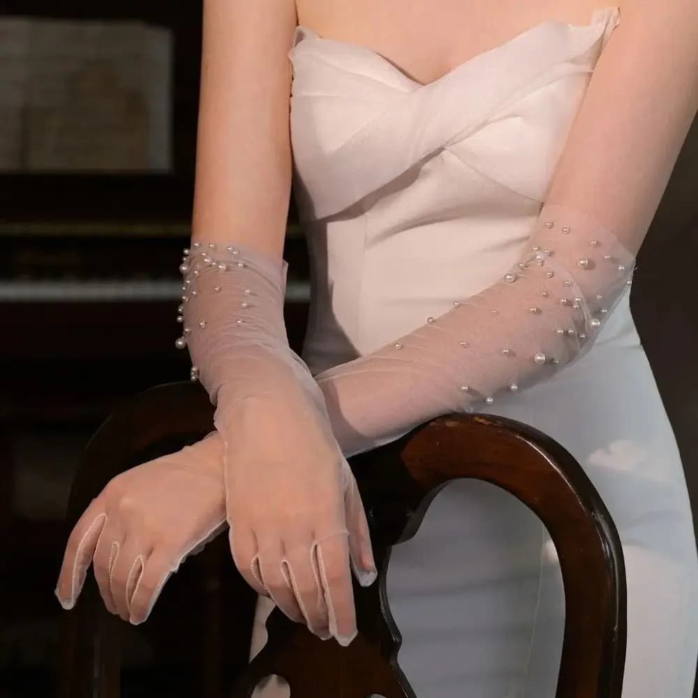 Guanti da Sposa di Lusso Fatti a Mano con Perline, Eleganti Guanti al Gomito con Perle, Guanti Sottili in Pizzo e Tulle per Opera