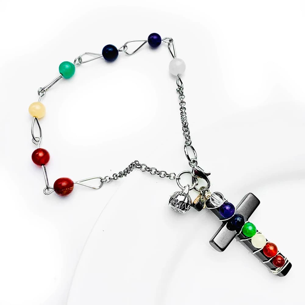 Bracciale con perline in pietra naturale orgone colorato Croce 7 Chakra Ciondolo in cristallo di quarzo Pendolo Yoga Meditazione Cavigliera Gioielli Amuleto