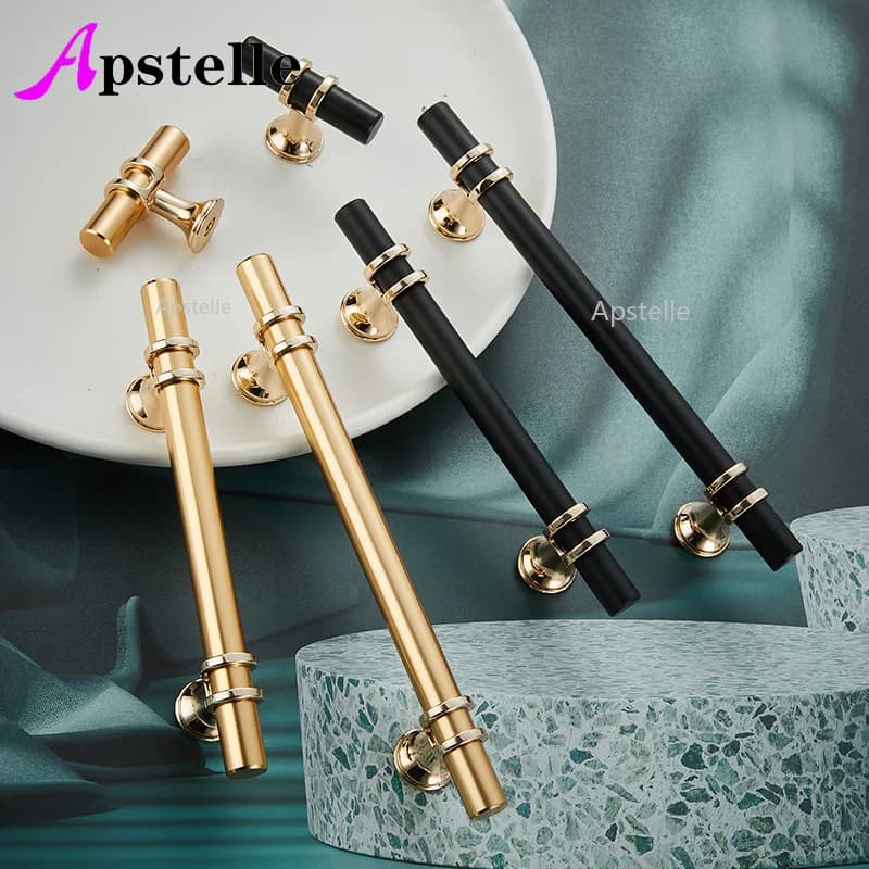 Apstelle Maniglia per cassetto dell'armadio in oro nero massiccio Maniglia per armadio da cucina Maniglia per cassettiera per mobili con barra a T Manopola per portagioie in lega di zinco