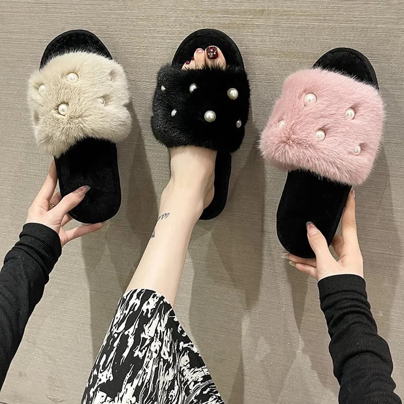 Perle Soffici Pantofole Casa Inverno Casual Scarpe firmate Donna 2025 Nuove diapositive di peluche per interni di lusso Calzature eleganti per ragazze