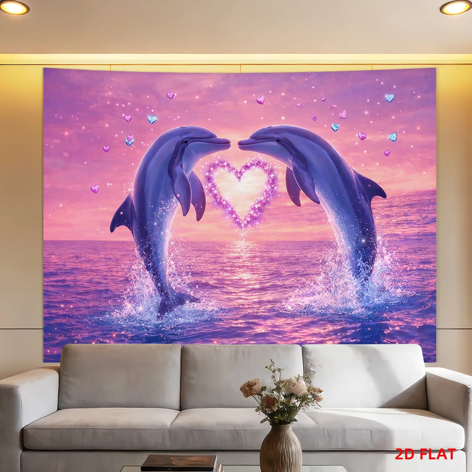 Ocean Dolphin Love Heart Tapestry Wall Art Decor Bedroom Living Room Coastal Nautical Bohemian Backdrop Print