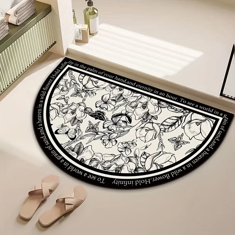 Tappetino da Bagno Semicircolare Floreale VIKAMA, Ispirato al Lusso, Assorbente e Antiscivolo, per Doccia, Cucina, Ingresso e Arredamento Casa