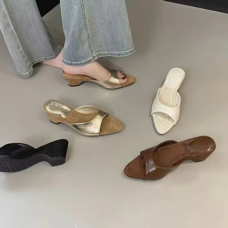 French Vintage Open Toe Wedge Slippers Women's Summer Outside Wear Versatile High Heel Strap Sandals