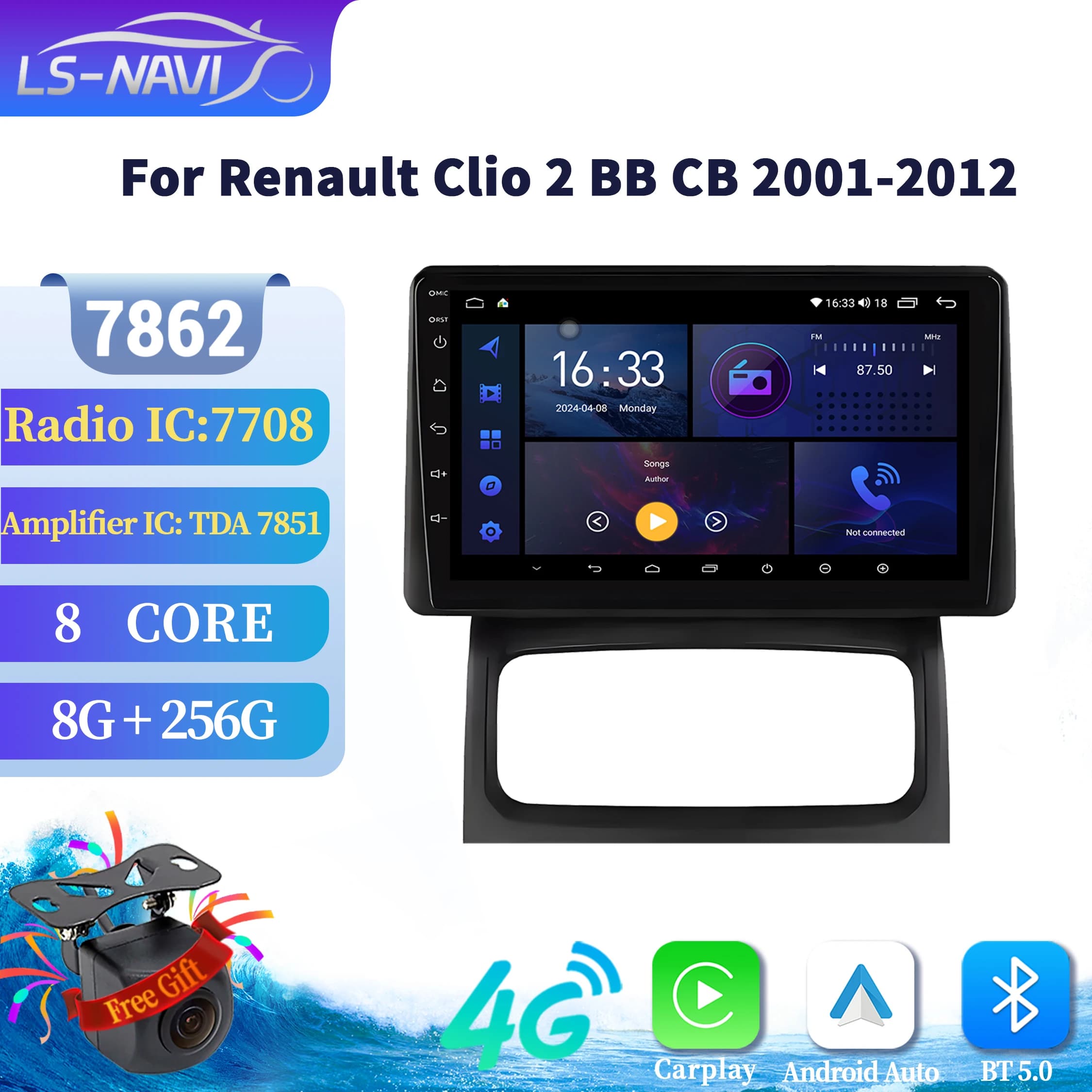 Per Renault Clio 2 BB CB 2001-2012 Wireless Carplay Autoradio Lettore Multimediale di Navigazione Carplay 5G som automo 2K QLED Schermo