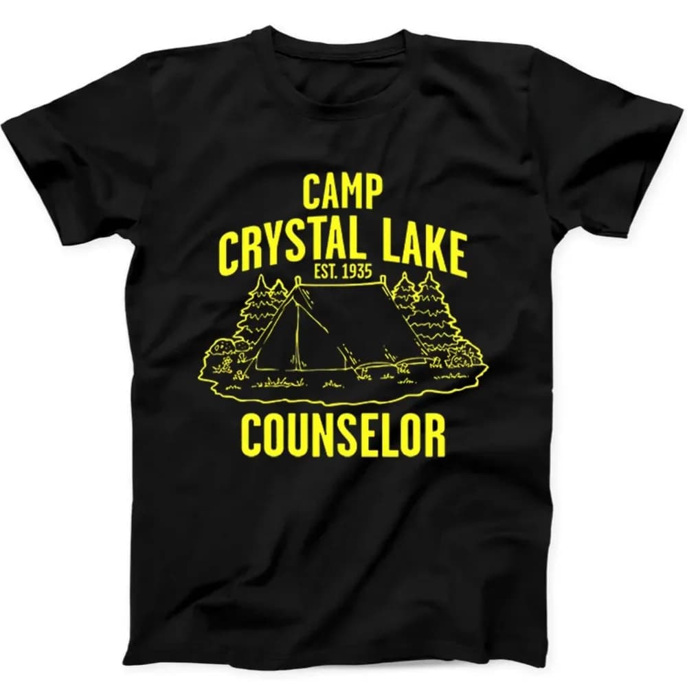 T-shirt nera divertente Camp Crystal Lake con meme del film e musica, regalo estivo, maglietta ampia e traspirante da uomo e da donna