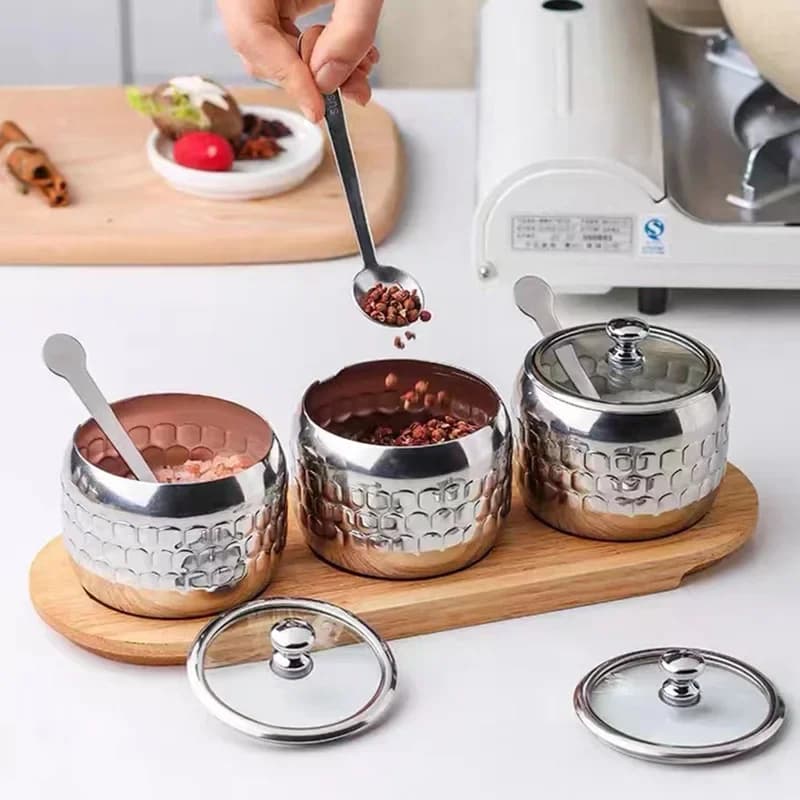 Barattolo di sale di lusso in acciaio inossidabile da 350 ml, zuccheriera, bottiglia di spezie con cucchiaio, set di contenitori per spezie, accessori da cucina