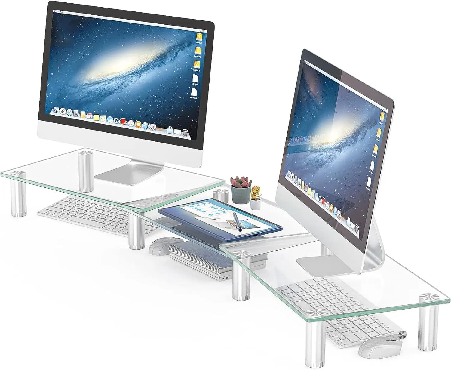Dual Monitor Support - Dual Monitor Stand Adjustable Length and Angle, Desktop Organizer for PC, Computer, Laptop (Transparent)