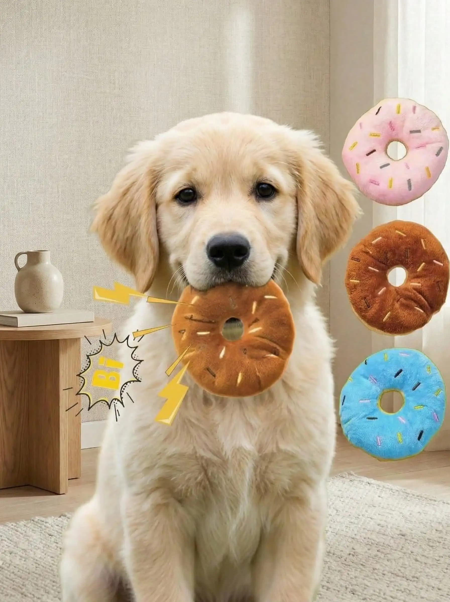 PETSIN Round Donut Plush Squeaky Pet Toy Cute Cartoon Design Puppy Teething Molar Toy Boredom Relief Interactive Gift for Small Dogs Cats