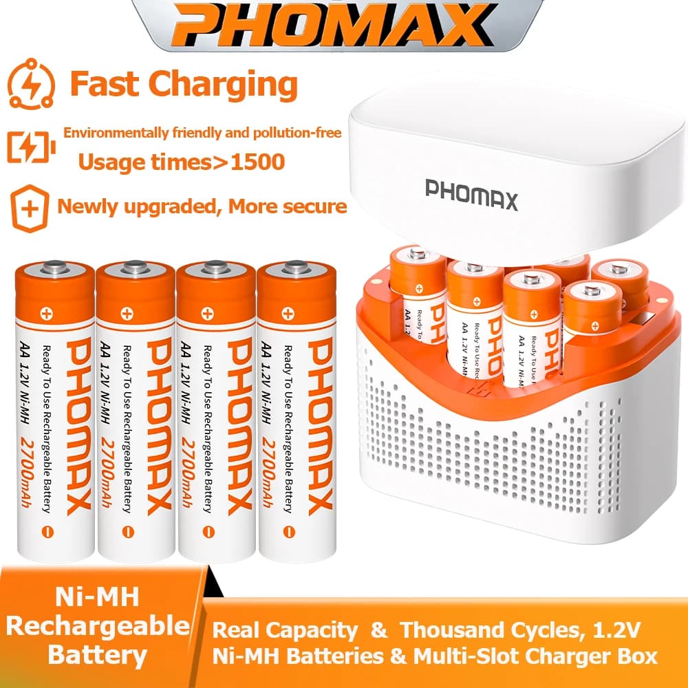 PHOMAX AA Rechargeable Batteries & Fast Charger. 2700mAh 1.2V Ni-MH AA Batteries High Capacity For Camera Toy Remote Control