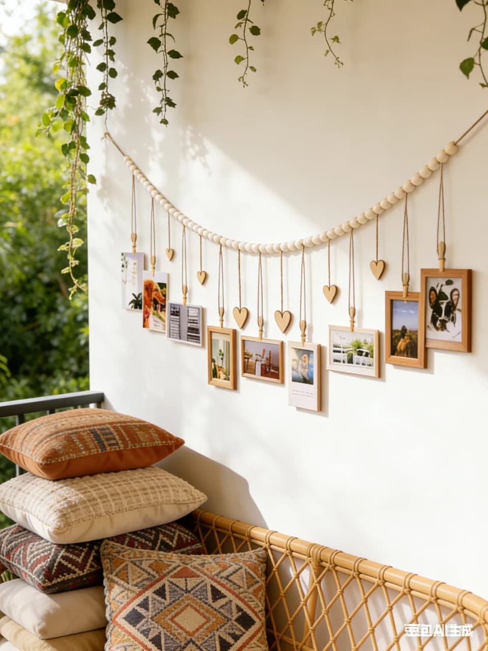Espositore per Foto da Appendere, Decorazione Murale Boho, Cornice Collage, Porta Biglietti di Natale, Cuori in Legno per Casa, Camera da Letto, Ufficio