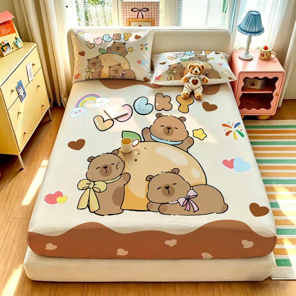 3pcs Cartoon Capibala Printed Bed Sheet Set Without Core 1 Bed Sheet 2 Pillowcases Bedroom Bedding Machine Wash Decoration