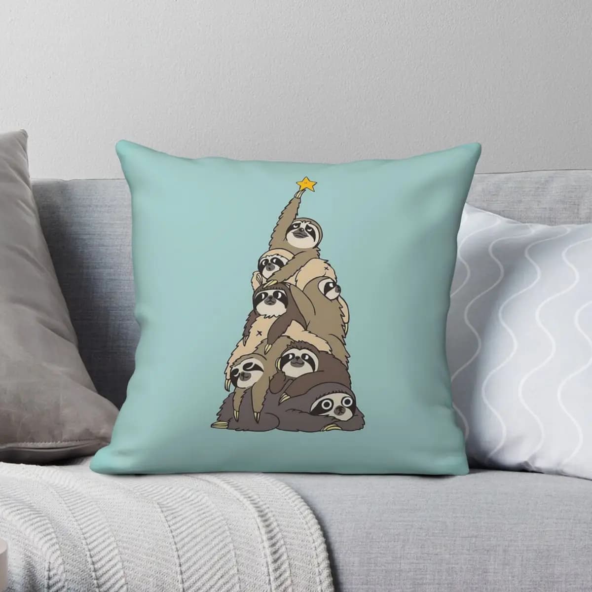Christmas Tree Sloths Square Pillowcase Polyester Linen Velvet Printed Zip Decor Pillow Case Sofa Seater Cushion Cover
