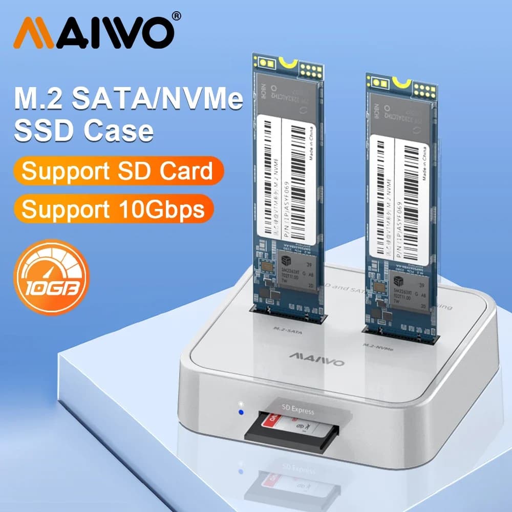 MAIWO Adattatore per SSD M.2 NVMe SATA a Doppia Bay, 10Gbps PCIe, Docking Station Portatile per SSD M2 NGFF NVME con Supporto per Schede SD