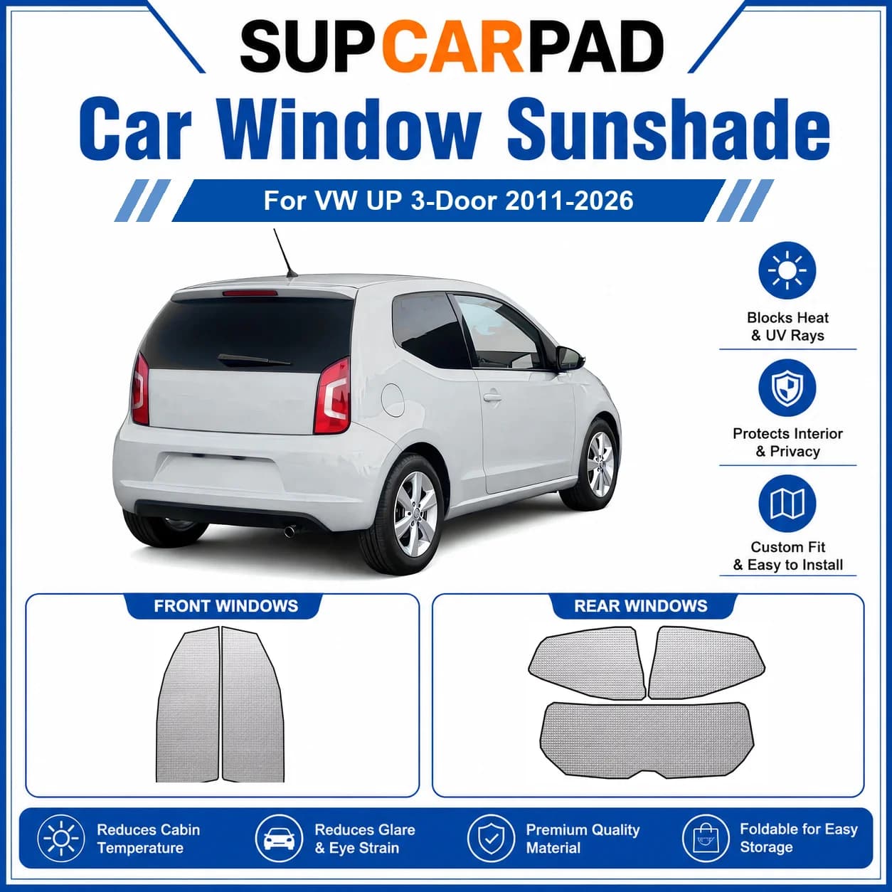For VW - VW UP 3-Door 2011-2026 Full Set Car Window Sunshades UV Block Privacy Heat Insulated Foldable Car Curtain