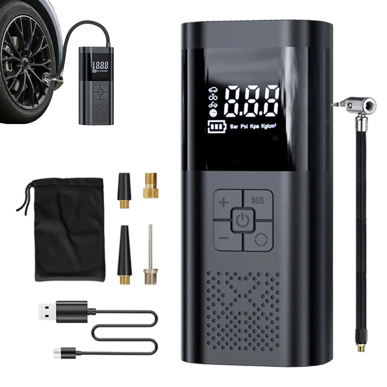 Compressore d'Aria Portatile, Gonfiatore Digitale Senza Fili con Luce LED per Bici, Moto, Camion