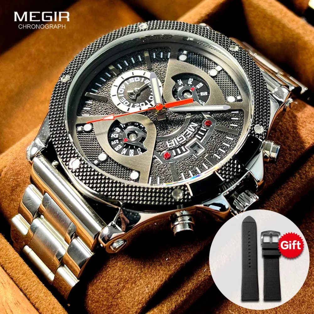MEGIR silver black men's watch analog stainless steel quartz wristwatch with chronograph automatic spare date Silicone strap gift 2216
