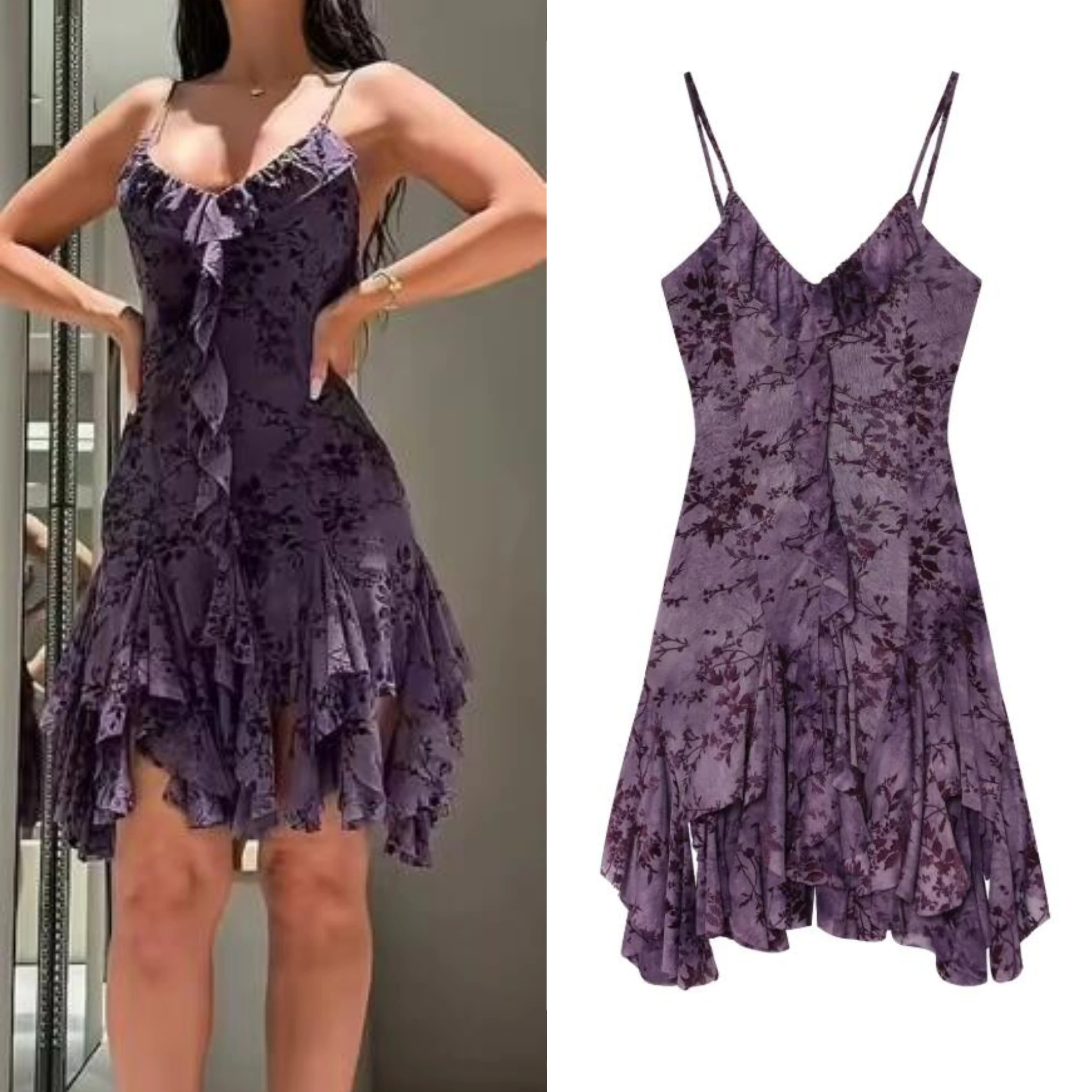 Abito da donna con volant 2026, estivo, sexy, in tulle floccato, scollo a V, senza schienale, alla moda, con orlo asimmetrico, mini abito casual