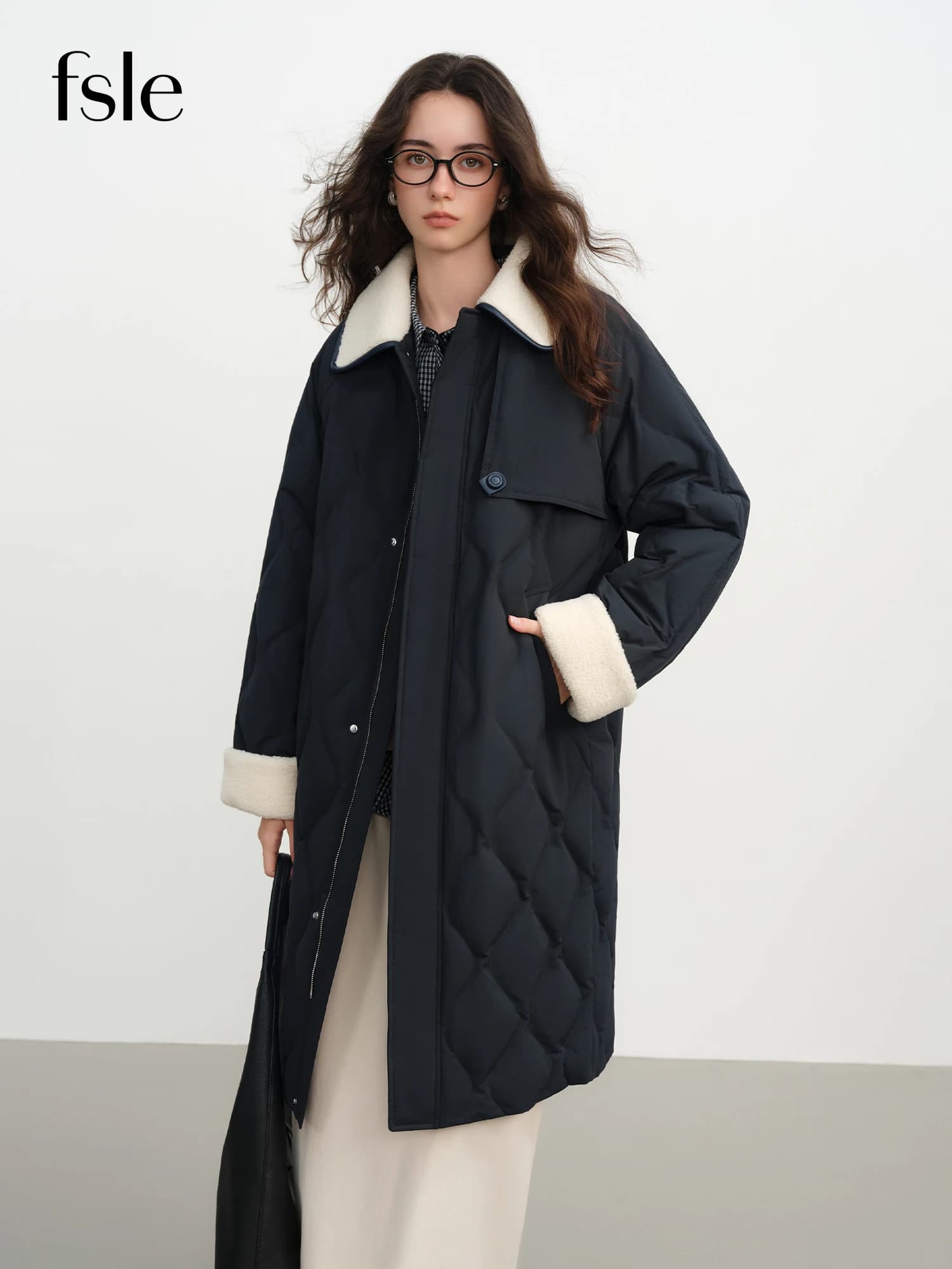 FSLE Piumino di media lunghezza stile coreano Colletto rovesciato Colletto invernale in pelliccia con giunture Giacca casual per donna Stile giapponese BF