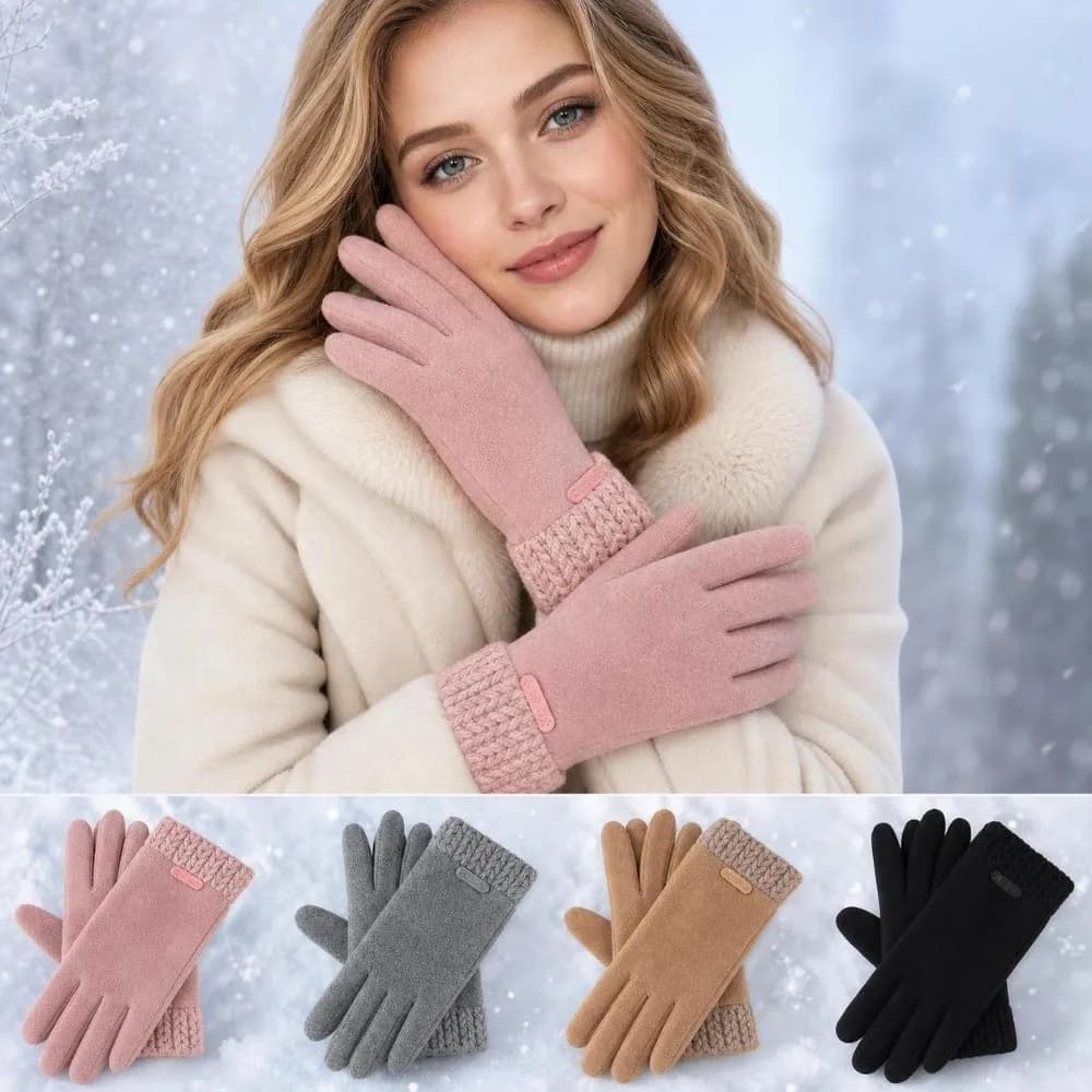 1pair Full Finger Touch Screen Gloves Warm Lining Windproof Cycling Gloves Suede Leather Solid Color Driving Gloves Women