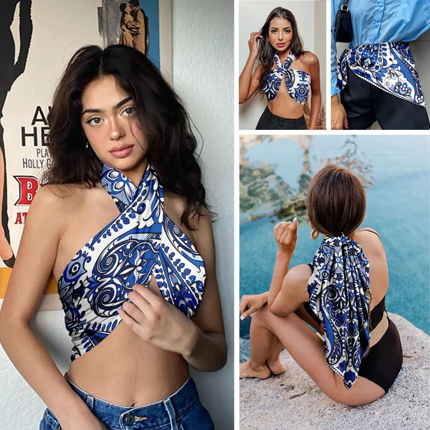 0685 women's floral satin square scarf - soft silk-like texture, versatile headscarf, neckerchief, and turban