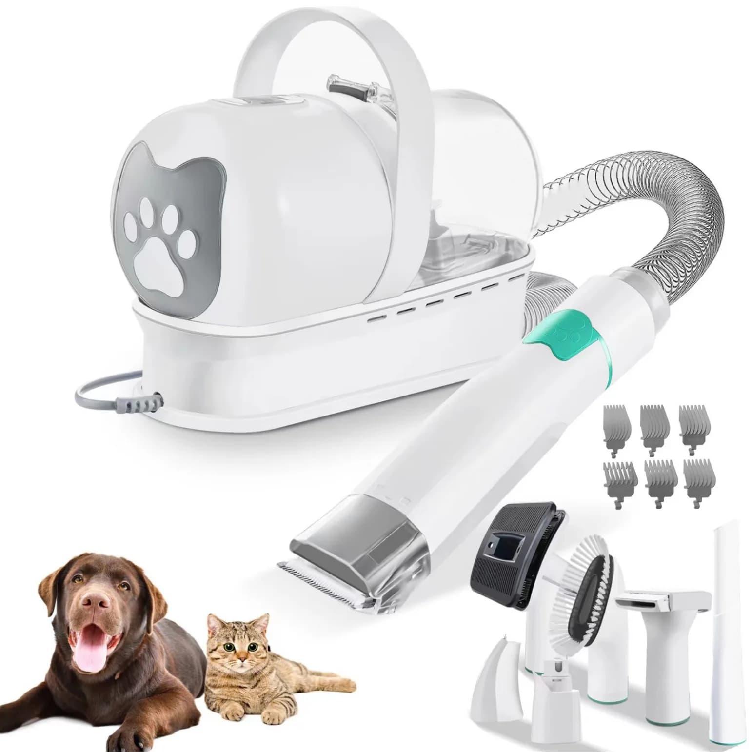 Asciugacapelli Professionale 7-in-1 per Animali Domestici, Kit Aspirapolvere per la Toelettatura del Cane con Pettini Autopulenti e Tosatrice, Spazzola Sgrassante con Funzione Smerigliatrice