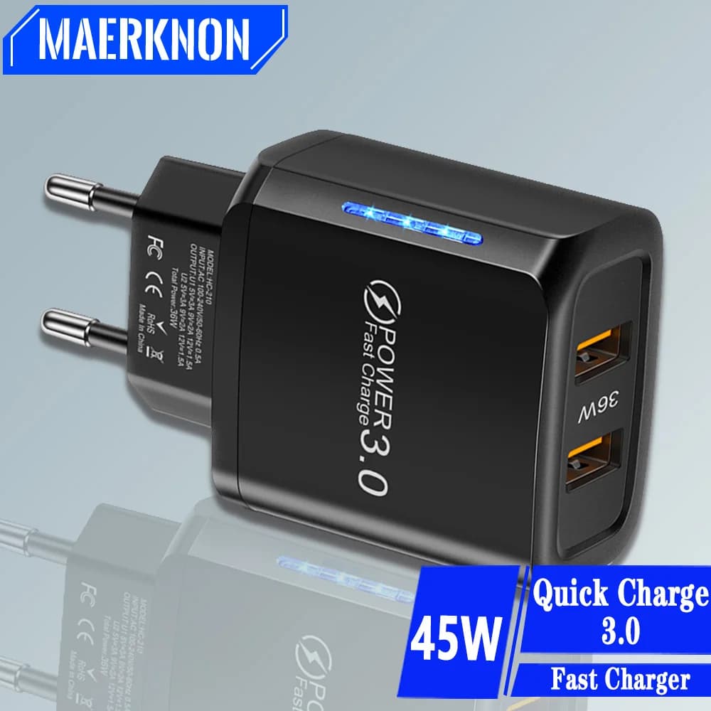 Caricatore doppio USB da 36 W Quick Charge3.0 Illuminazione a LED Adattatore di ricarica rapida con spina UE USA per caricabatterie per cellulare Iphone13 Samsung Xiaomi