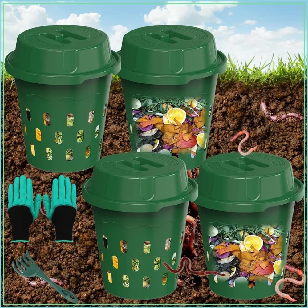 4-Pack Inground Worm Composter for Garden Beds & Home Use, Vermicomposting Bin for Beginners, 9.5x9.5x10.8 Inch, Green