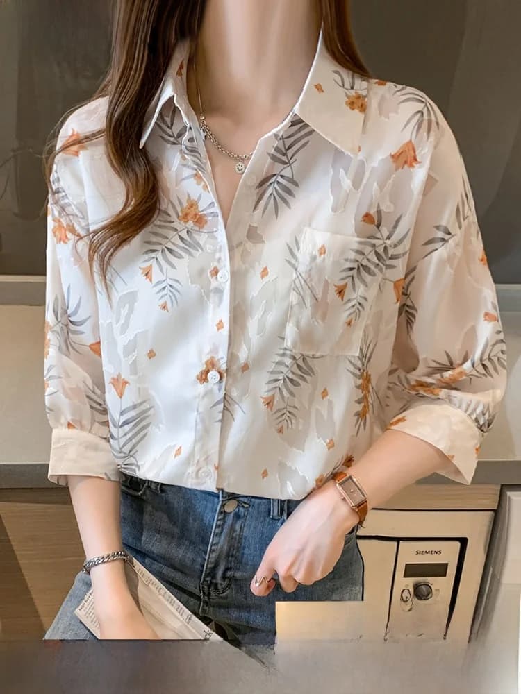 Summer Women's Chiffon Sunscreen Shirt Floral Design Unique Style Top Korean Style Commute Wind Regular Sleeve Length Co...