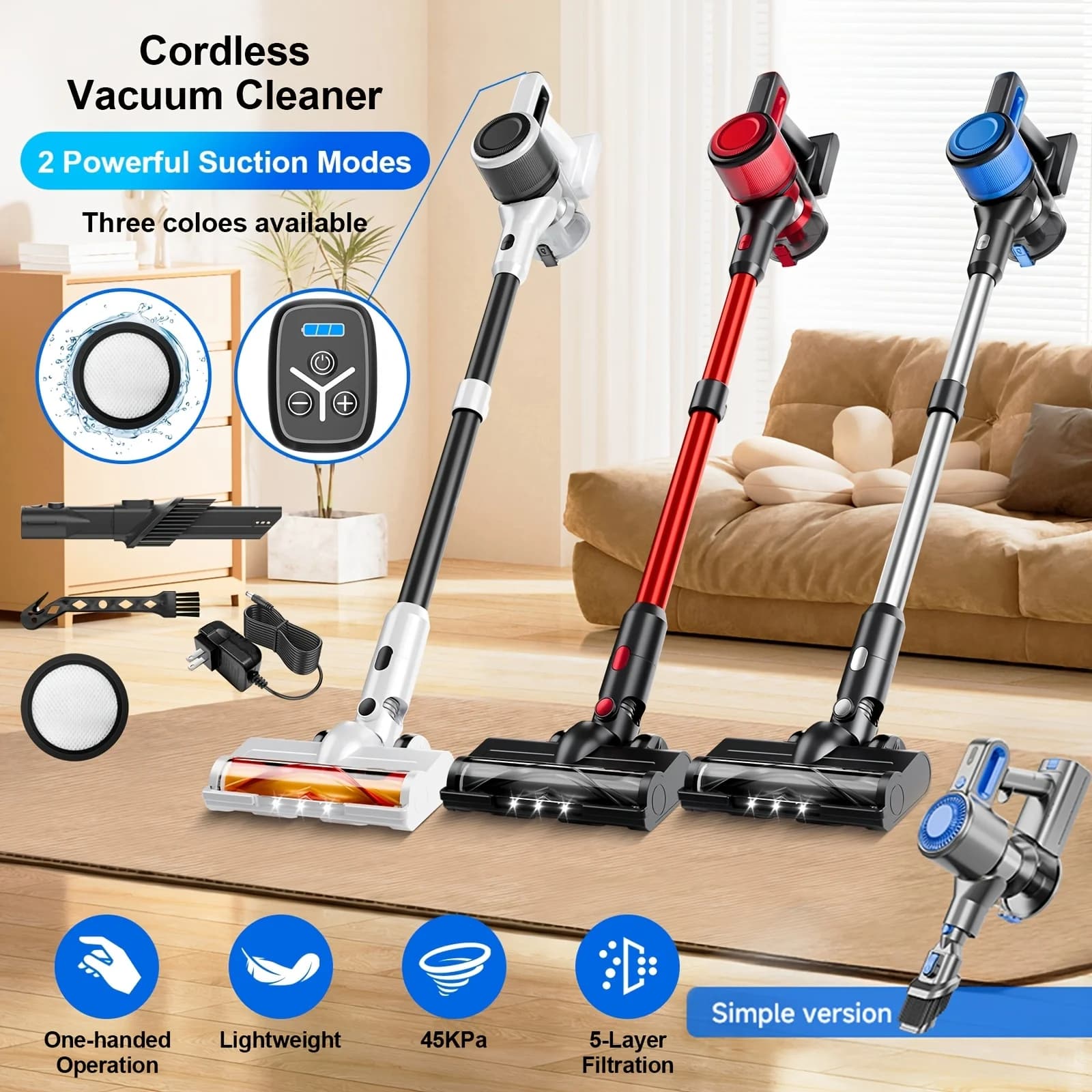 Aspirapolvere senza fili ad alta aspirazione, potente aspirapolvere a bastone da 38Kpa con autonomia di 45 minuti, accessori per la pulizia, aspirapolvere anti-groviglio per la casa, aspirapolvere portatile 8 in 1 per pavimenti duri e tappeti, peli di animali domestici, opzioni con e senza filo disponibili