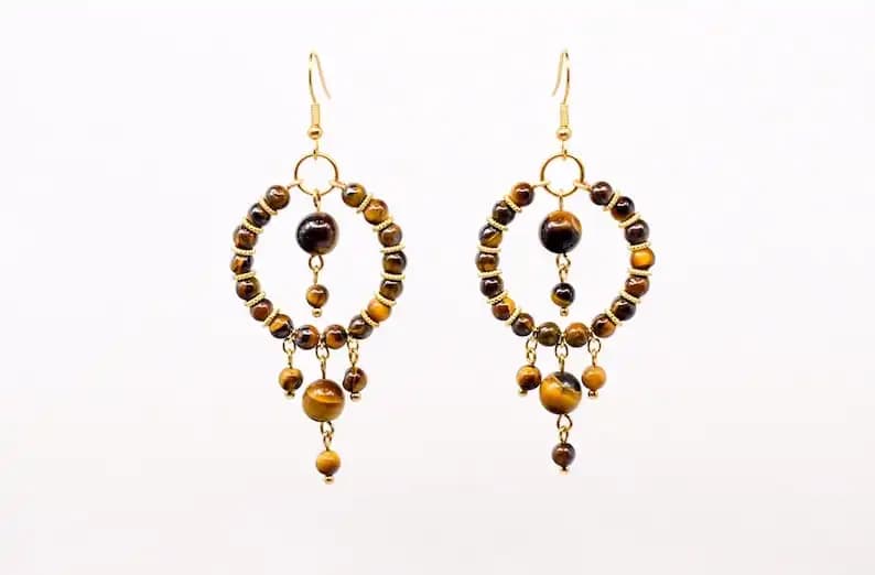 Tiger's Eye Earrings, Hoop Earrings, Beaded Hoop Earrings, Tiger's Eye, Wire Wrap, Stone Jewelry, Crystal, Natural