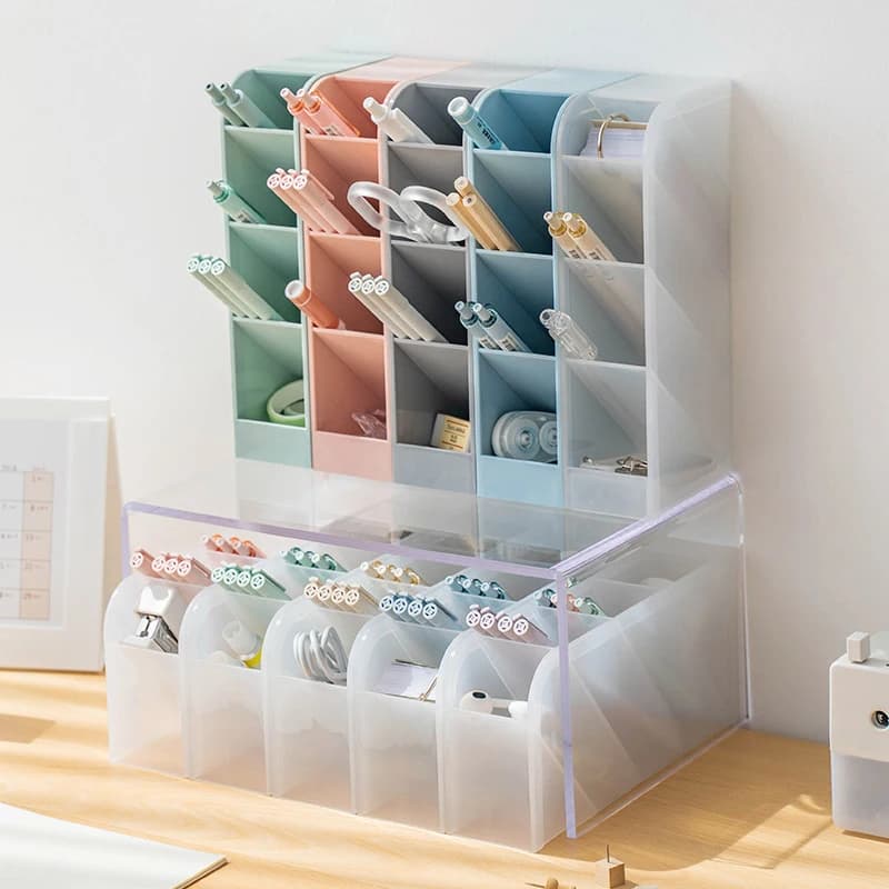 4 Griglie Trasparente Smerigliato Inserimento Obliquo Desktop Organizer Portapenne Matita Pennello per trucco Scatola di immagazzinaggio Cancelleria per la casa della scuola