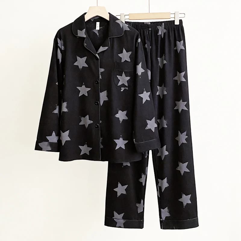 Women's Autumn New Long Sleeved Pajamas Black High-End Feeling Star Full Printed Home Clothes Ladies Casual Sleepwear Homewear