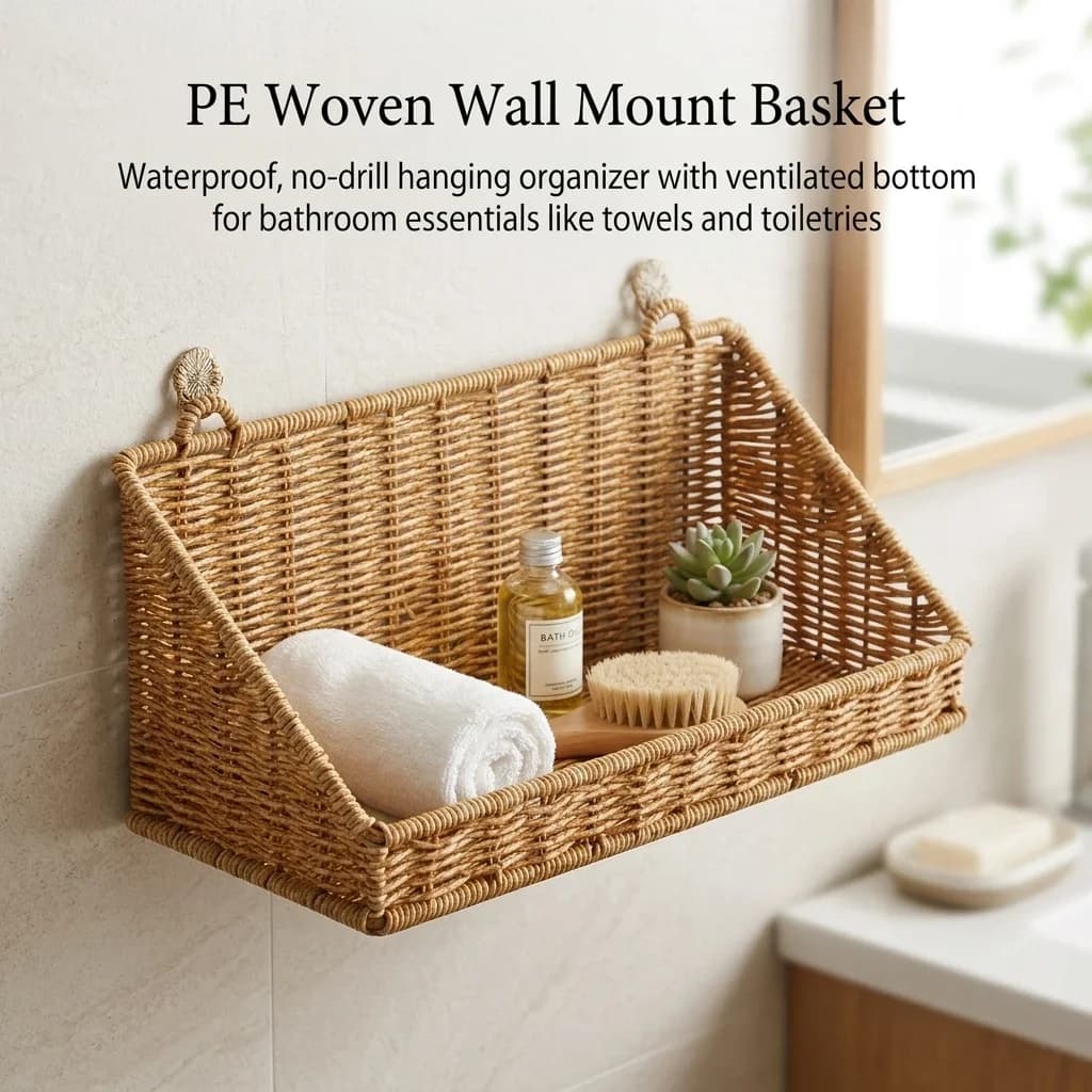 Bathroom Storage Basket Waterproof PE Woven Shower Caddy No Drilling Wall Mount Organizer Bin for Vanity Toilet Dorm Home