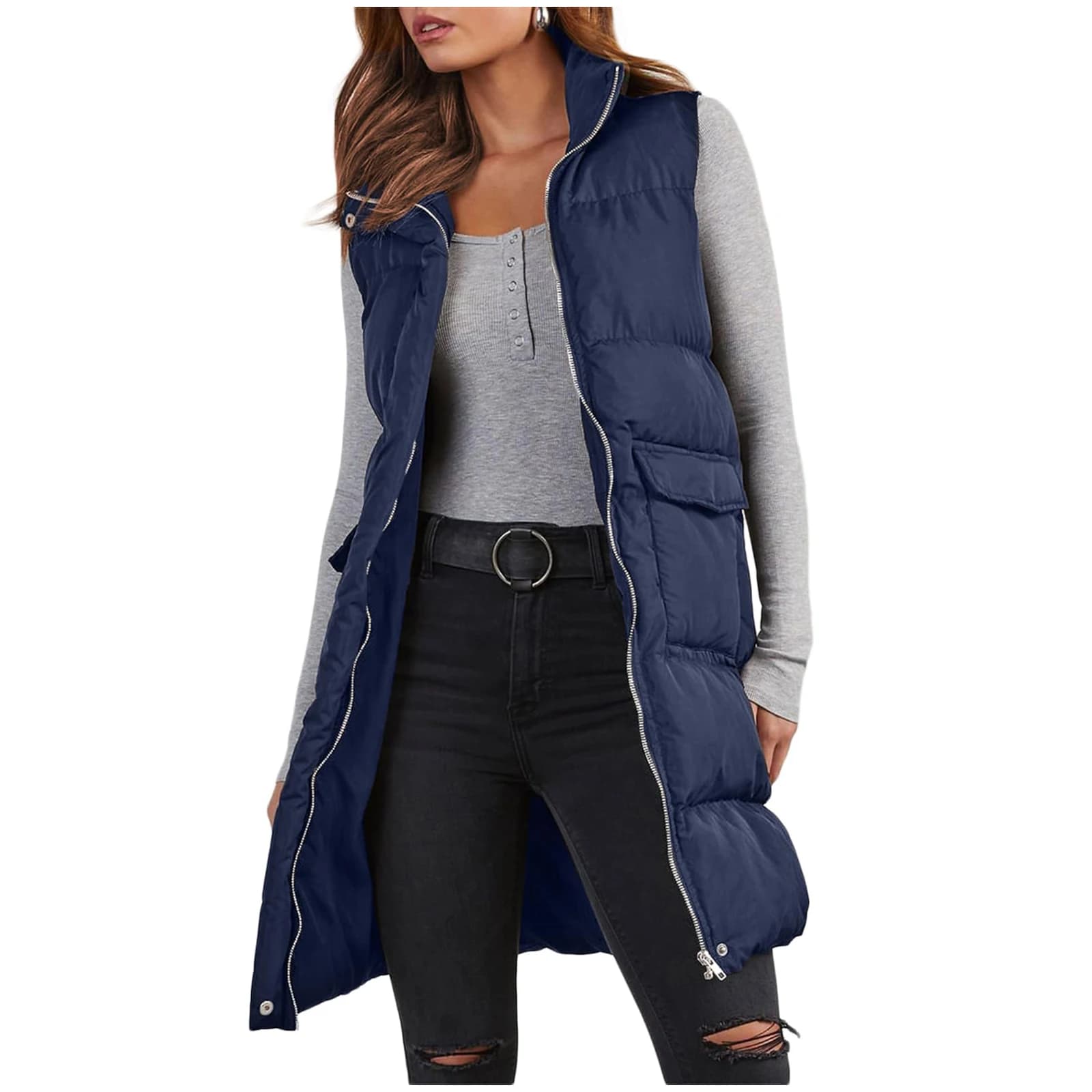 Gilet lungo da esterno con cappuccio Piumino da donna Cappotto trapuntato Giacca senza maniche Maglioni leggeri invernali