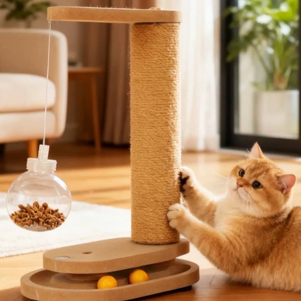 Tiragraffi per Gatti Resistente all'Usura con Piattaforma Girevole Verticale, Tavola da Graffiatura, Puzzle con Pallina e Supporto per Albero per Gatti