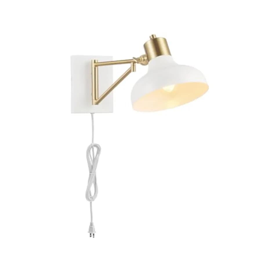 51344 1-Light Plug-in or Hardwire Swing Arm Wall Sconce White Brass Accents White-Cloth Cord Mounted Bedside Lamp Kitchen Sconc